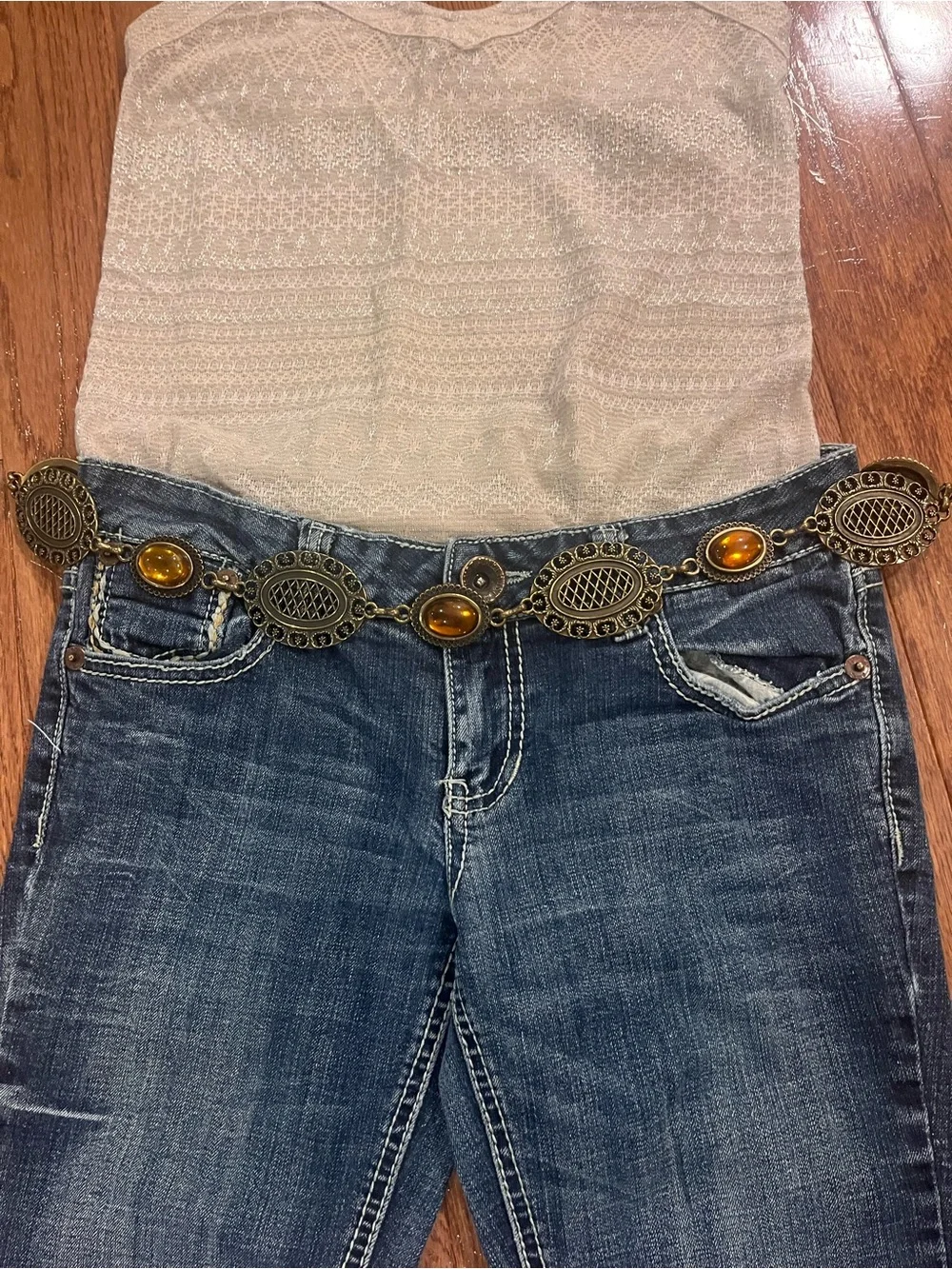 Vintage Nine West Metal Concho Statement Belt with Amber Cabochons